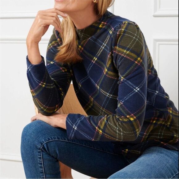TALBOTS | Fleece Plaid Funnel Neck Sweater Top Green Blue Pink Women’s Size MP - Picture 10 of 10